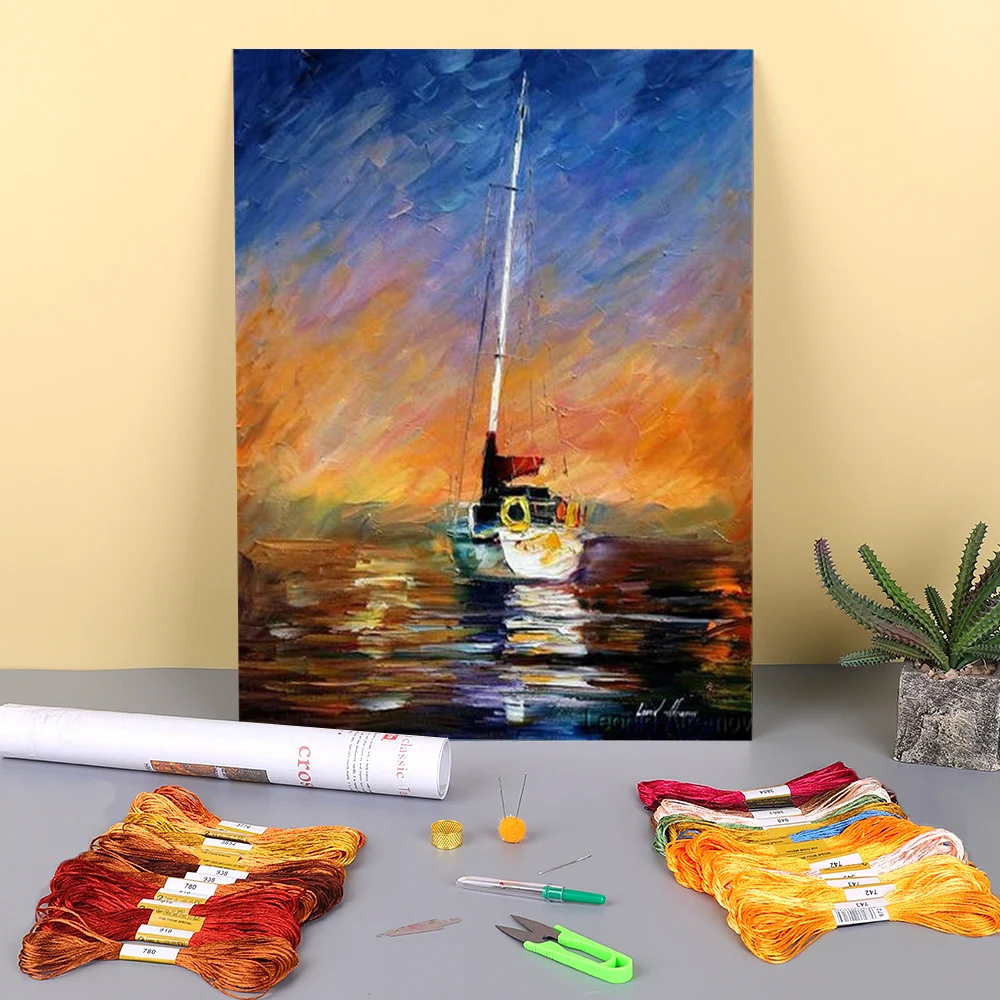 Yacht Boat Printed Canvas 11CT Cross Stitch Embroidery Set DMC Threads