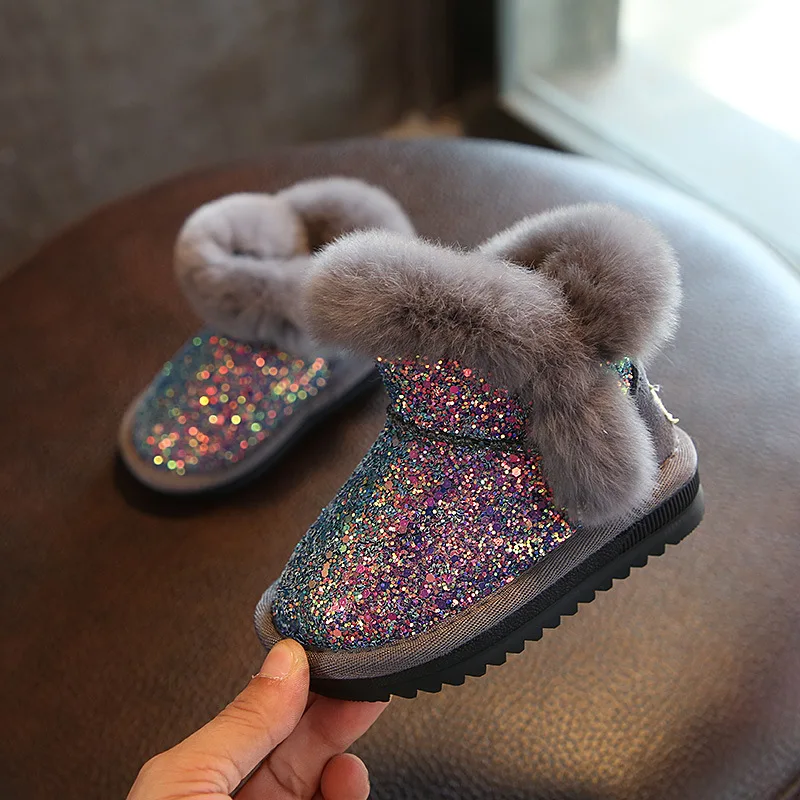 children's cotton shoes genuine leather rabbit hair big children's princess cotton boots thick warm girls snow boots