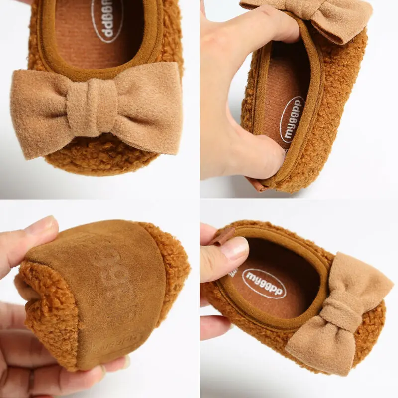 Обувь для новорожденных девочек 0-18 месяцев; теплая плюшевая обувь с бантом для маленьких девочек; обувь для первых шагов; симпатичная обувь с принцессой; сезон осень-зима