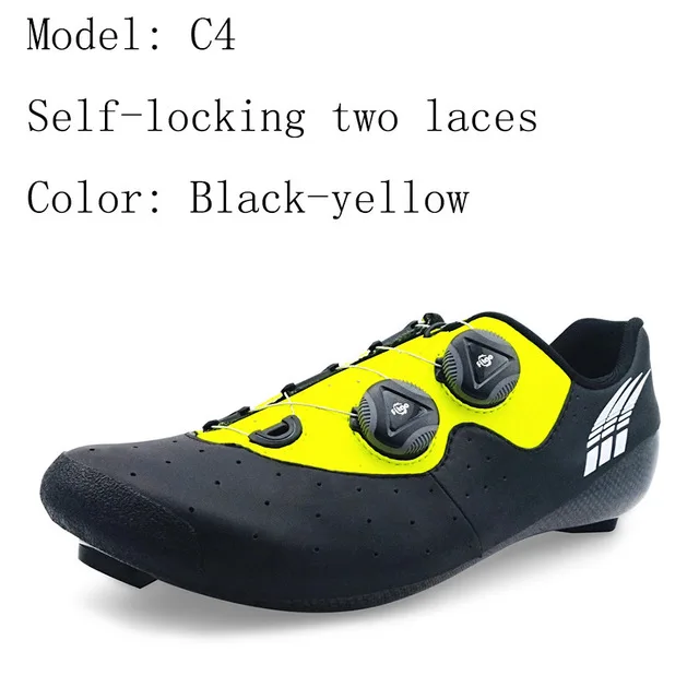 C4 black-yellow Обувь для езды на велосипеде в городе, теплоизоляционная, 3 K, углеродное волокно, дорожный велосипед, кроссовки с пряжкой или 1/2 шнурки, самофиксирующиеся, термопластичный велосипед - Цвет: C4 black-yellow