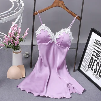 

New Spring and Summer Silk Nightdress Women Sexy Back nightdress Lace Thin nightgown with Chest Pad Sexy nightdress sleepwear