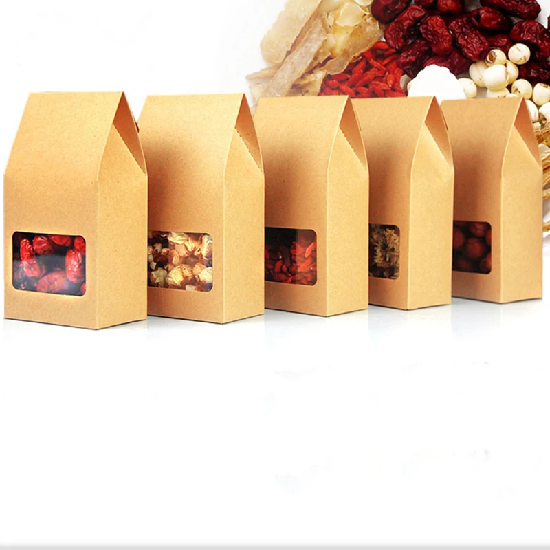Стоячие мешки ЗИП-замка с передним ясным окном крафт-бумага упаковывая Специи порошок мешки еды утолщенные желтые крафт-мешки