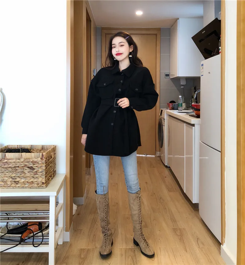 Autumn And Winter New Style Korean-style Elegant Waist Hugging Slimming Short-height Mid-length Lantern Sleeve Woolen Jacke