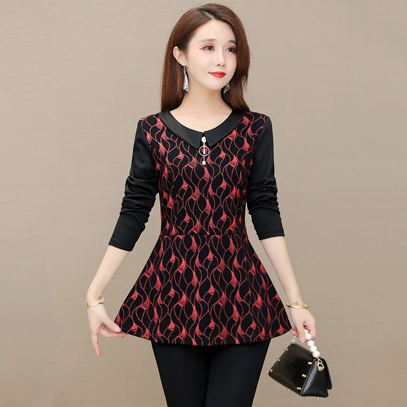 Женский топ с длинным рукавом среднего и пожилого возраста воротником-рубашкой |