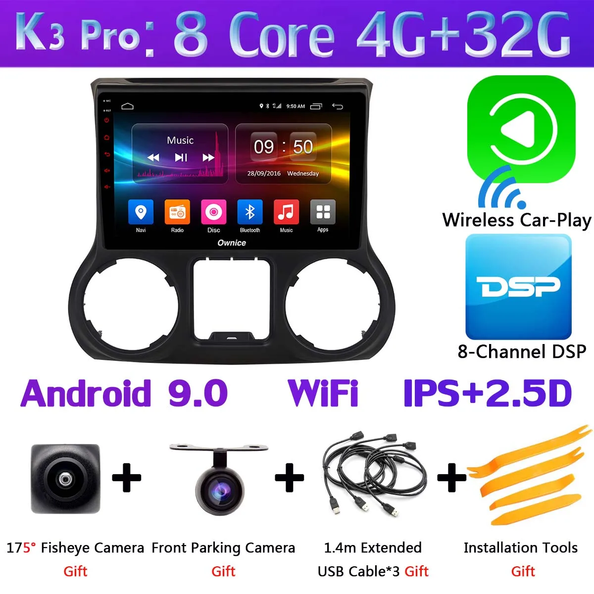 Панорамная камера 360 ° 4G LTE WiFi Android 9,0 4+ 64G gps CarPlay SPDIF DSP автомобильный Радио плеер для Jeep Wrangler 3 JK 2011 - Цвет: K3 Pro CarPlay