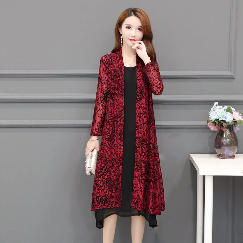 spring and autumn new women's mesh lace cardigan jacket summer sun protection clothing Women's Net Lace Flocking Women's Coat - 4.00066E+12