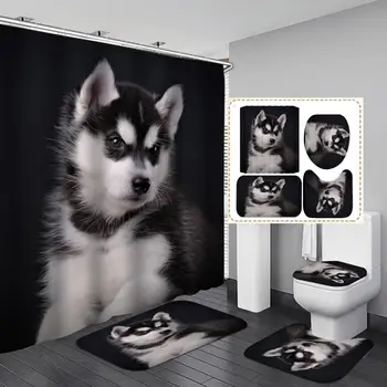 

Dog and cat Shower Curtain 4 Piece Carpet Cover Toilet Cover Bath Mat Pad Set Bathroom Curtain with 12 Hooks