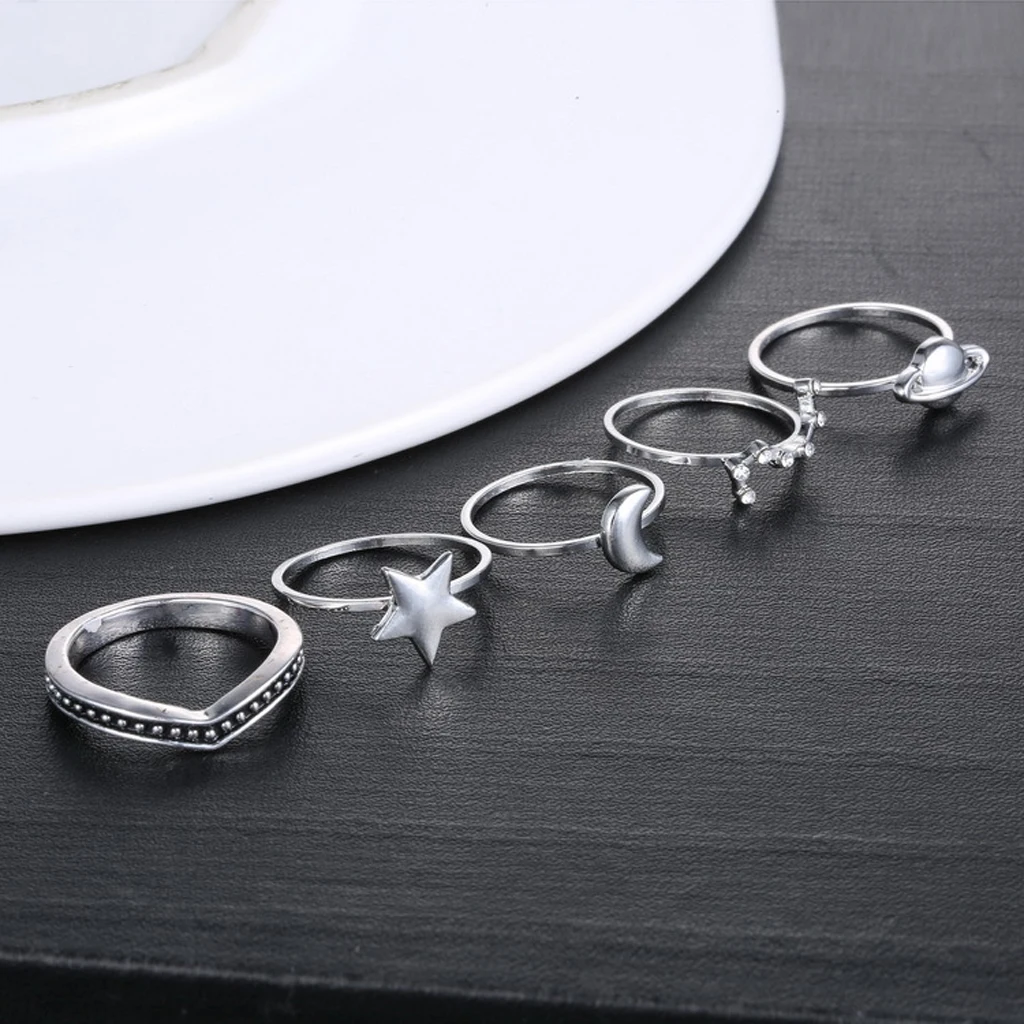 5 pcs Gothic Crystal Stack Above  Sun Moon Heart Midi Finger Ring Ancient silver color