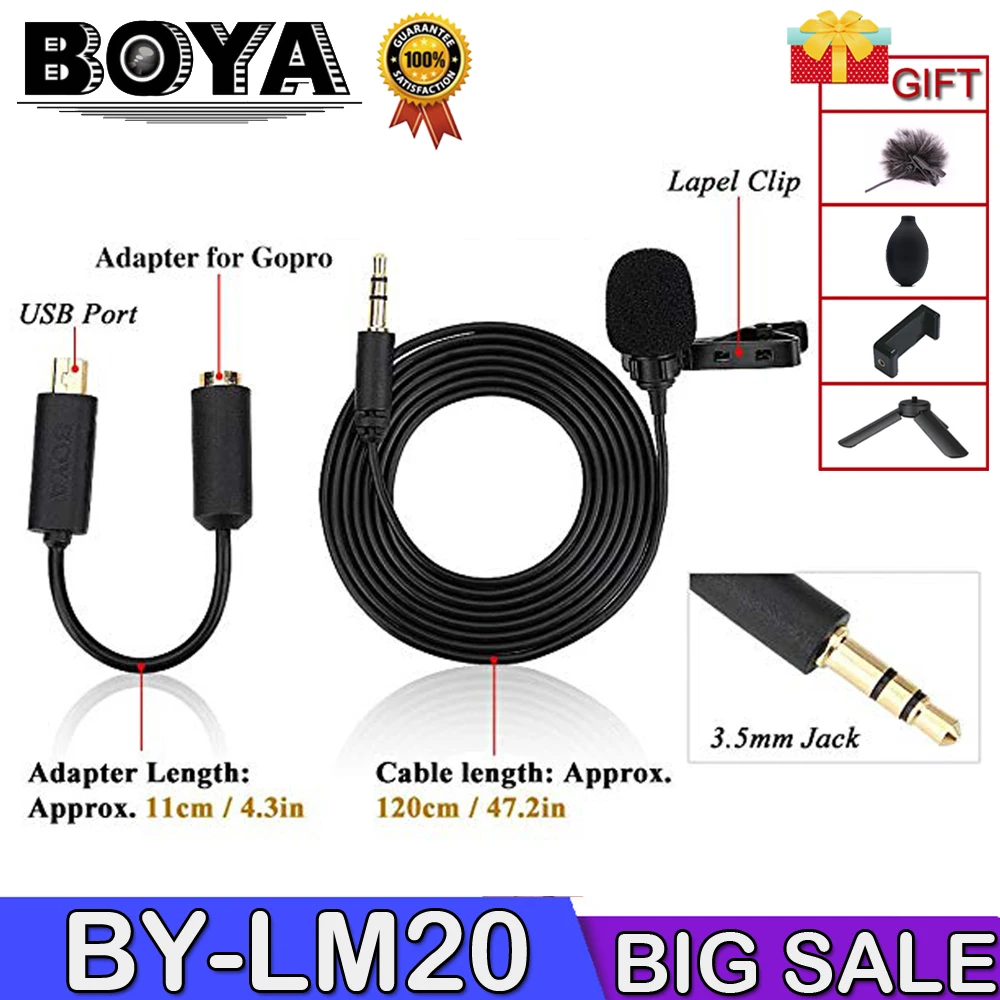 BOYA BY-LM20 Pro 3,5 мм Клип Спорт Externe Microfoon всенаправленный зажим микрофон мини USB Voor GoPro Hero 4 3+ 2 видео