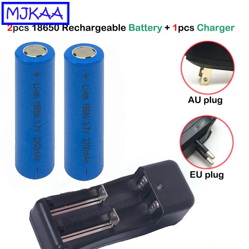 MJKAA 2Pcs 18650 2200mAh 3.7V Lithium Rechargeable Battery+ Charger EU AU Plug Universal Li-ion Batteries Chargers