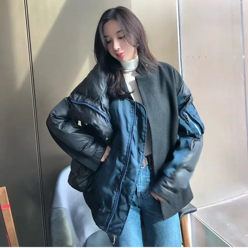 Leisure Vogue Single Breasted Irregular Stand Collar Patchwork Women Loose Oversize Black Woolen Coat Winter New L400