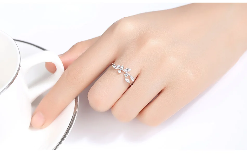 Gem&Time корейское 925 пробы Серебряное растительное оливковое кольцо для женщин Штабелируемый Циркон регулируемое кольцо на палец серебро 925 ювелирное изделие