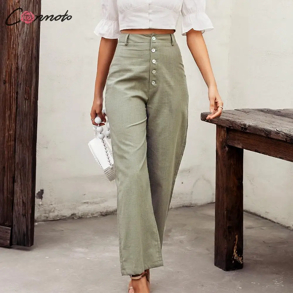 Conmoto high waist casual pants women summer spring solid green trousers high waist green ruffles vintage pants