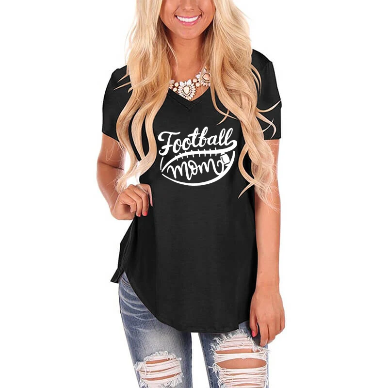 

Football Mom Heart Print Shirt Female Harajuku Loose V Neck Vintage T-Shirt Women Femme Sport lover Gift Loose Summer Tops
