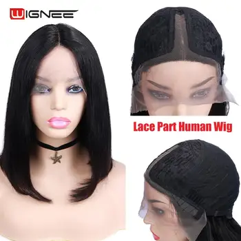 

Wignee Short Straight Hair Lace Part Bob Human Wigs For Black Women 150% Density Remy Brazilian Glueless Swiss Lace Bob Hair Wig