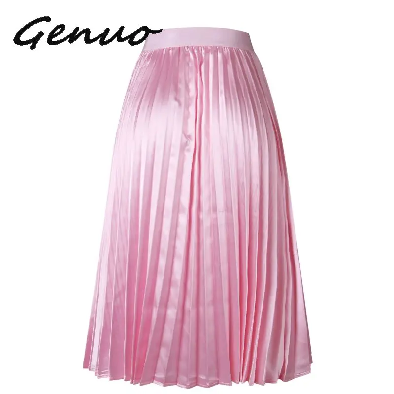 Genuo, новинка, шикарная плиссированная шелковая сатиновая юбка металлик, высокая талия, женская летняя юбка миди, элегантная, розовая, серебряная, Saia Femme - Цвет: Pink