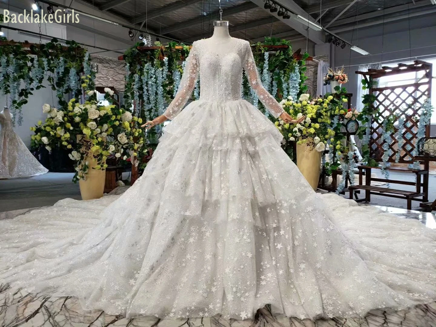 BacklakeGirls Ever Pretty Shining Appliques, свадебное платье с длинными рукавами, роскошное, с круглым вырезом, на шнуровке, свадебное платье, Vestido Noiva размера плюс