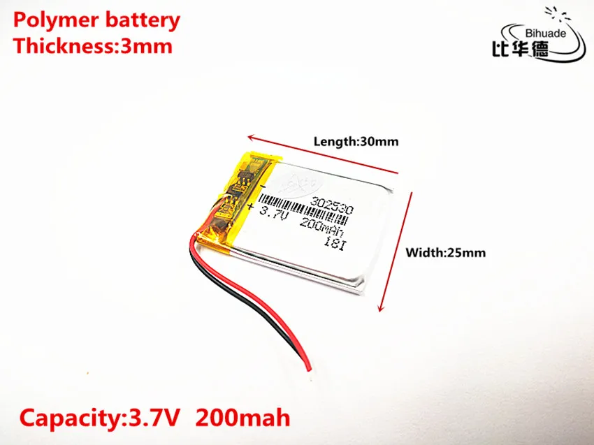 10 шт. литиевая батарея хорошего качества 3,7 в, 200 мАч, 302530 полимерный литий-ионный/литий-ионный аккумулятор для игрушек, банка питания, gps, mp3, mp4