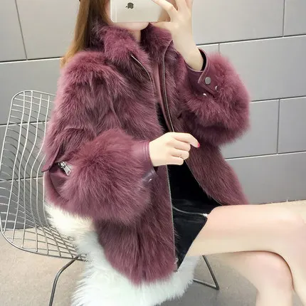 rose red Осень Зима Новая меховая женская куртка пальто из лисьего меха кожаная Корейская версия шубы со стоячим воротником 872 - Цвет: rose red