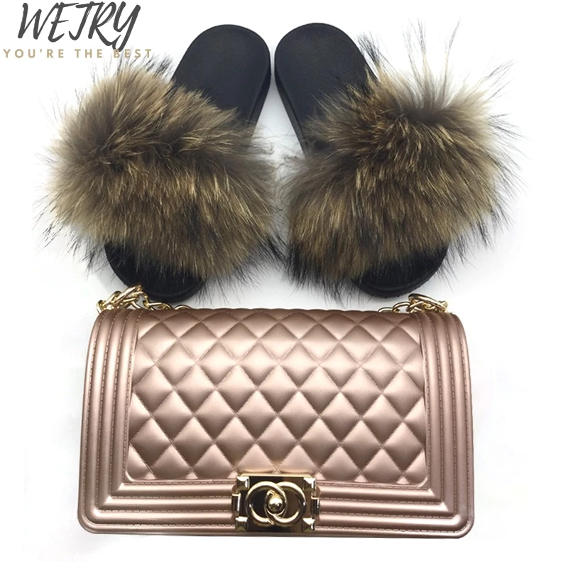 

Women real fox fur slides wear indoor slippers summer new beach shoes color jelly chain bag diagonal shoulder bag set female