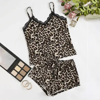 

Leopard Print Lingerie Women Silk Underwear Sleepwear Nightdress Pajamas Satin Crop Tops Shorts Nightwear Pijamas Pyjama Feminin