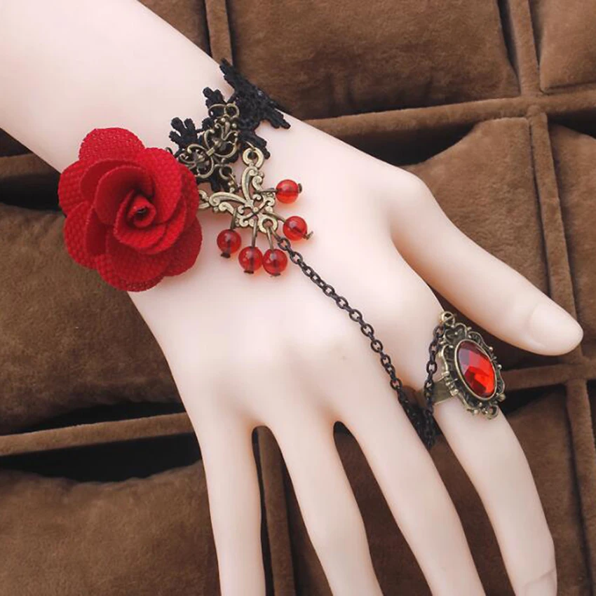 

Женский винтажный браслет в готическом стиле, черный кружевной браслет с кольцом и розой, аксессуар для выступлений на сцене, Хэллоуин