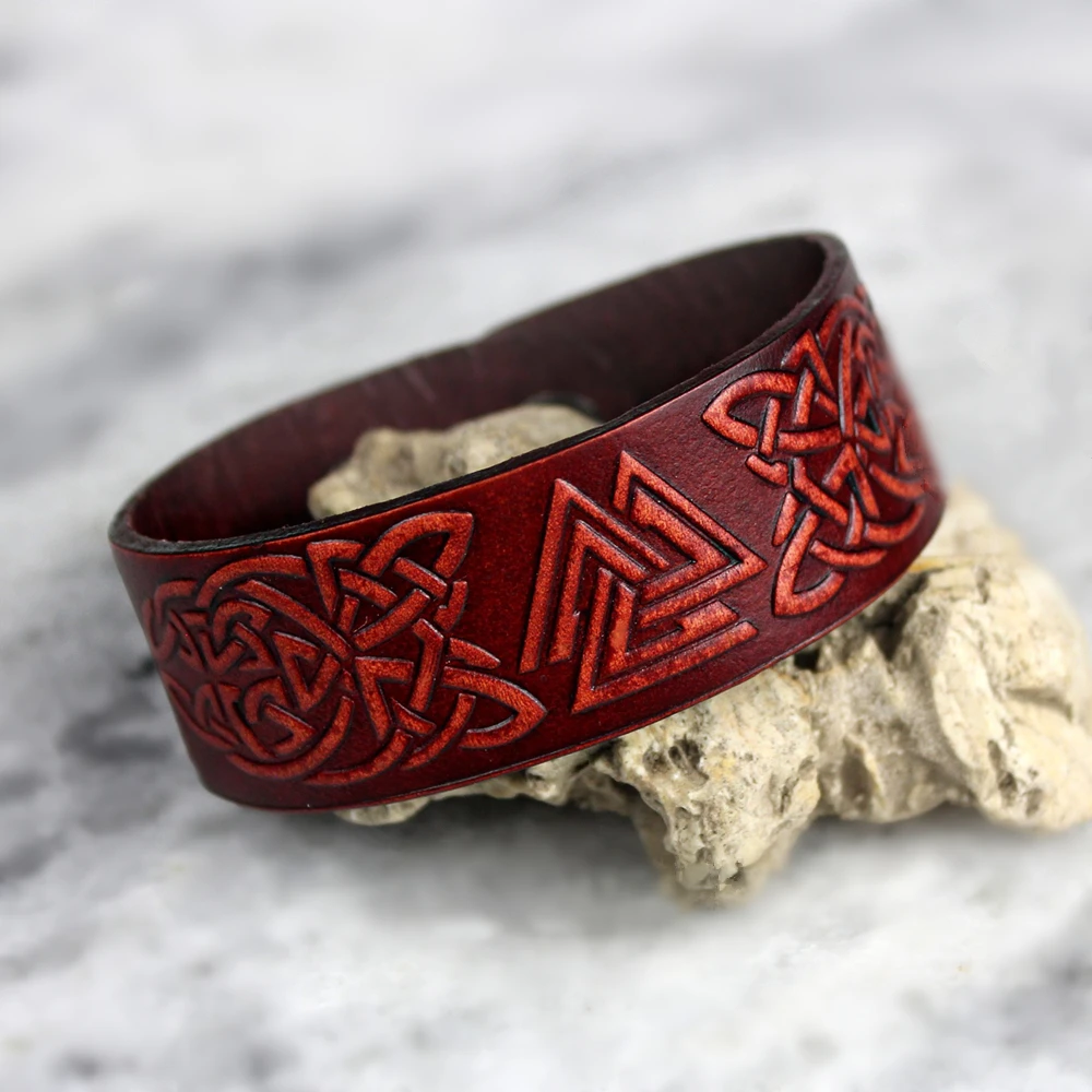 Мужской браслет викингов Valknut окрашенный штампованный кожаный скандинавский