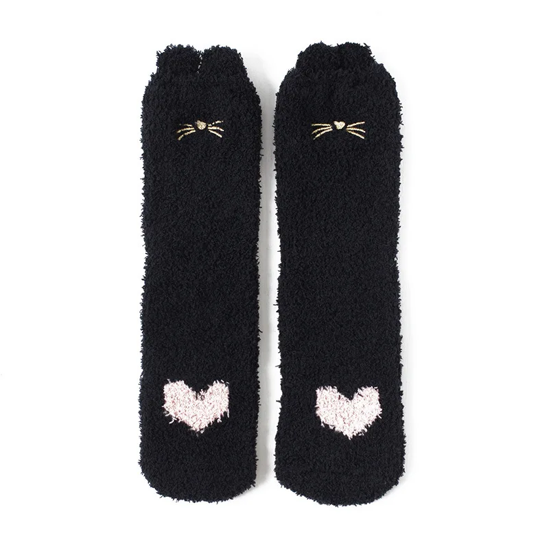 heart cat black Носки из кораллового флиса женские носки без пятки осенние и зимние короткие плотные теплые носки с милыми когтями и когтями носки с забавными животными - Цвет: heart cat black