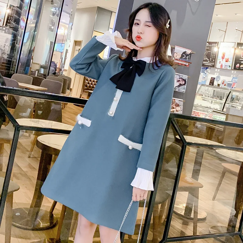 

Korean-style Spring And Autumn Fashion Large Size Loose-Fit Pregnancy Maternity Top Pearl Clasp Woolen A- line Pregnant Women Dr