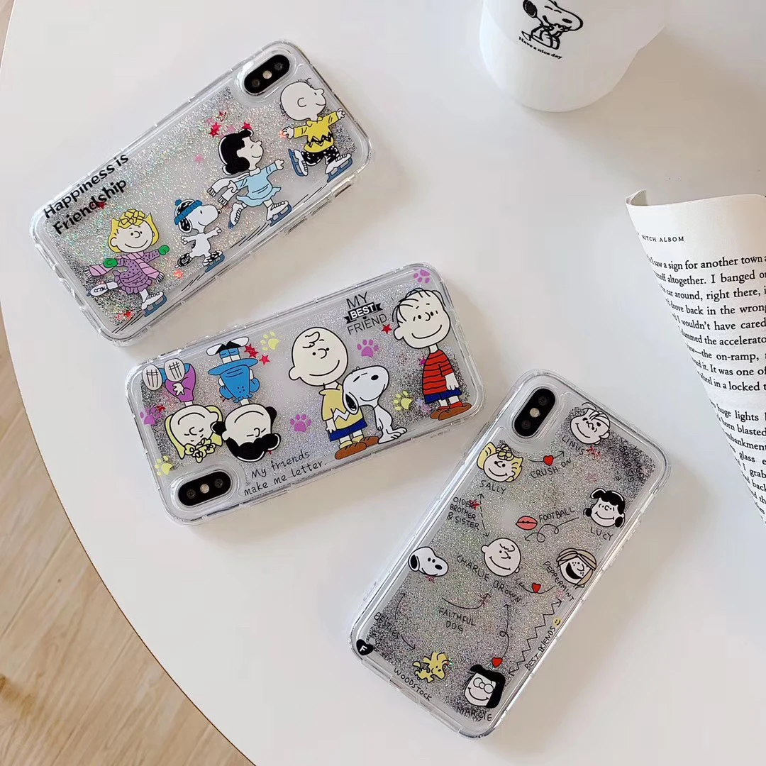 

Glitter Liquid Quicksand Peanut comics puppy Case for iphone X XR XS MAX 6 7 8 6s Plus Cartoon Charlie Brown Lucy skate Cover