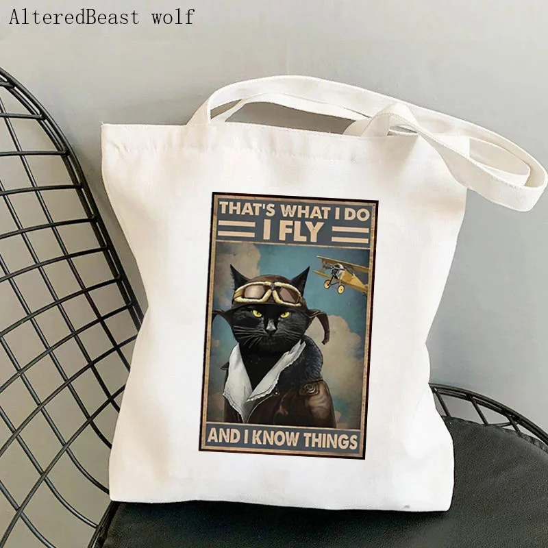 Women Shopper bag Cat That's What I Do I Fly And I Know Things Bag Harajuku Shopping Canvas girl handbag Tote Shoulder Lady Bag