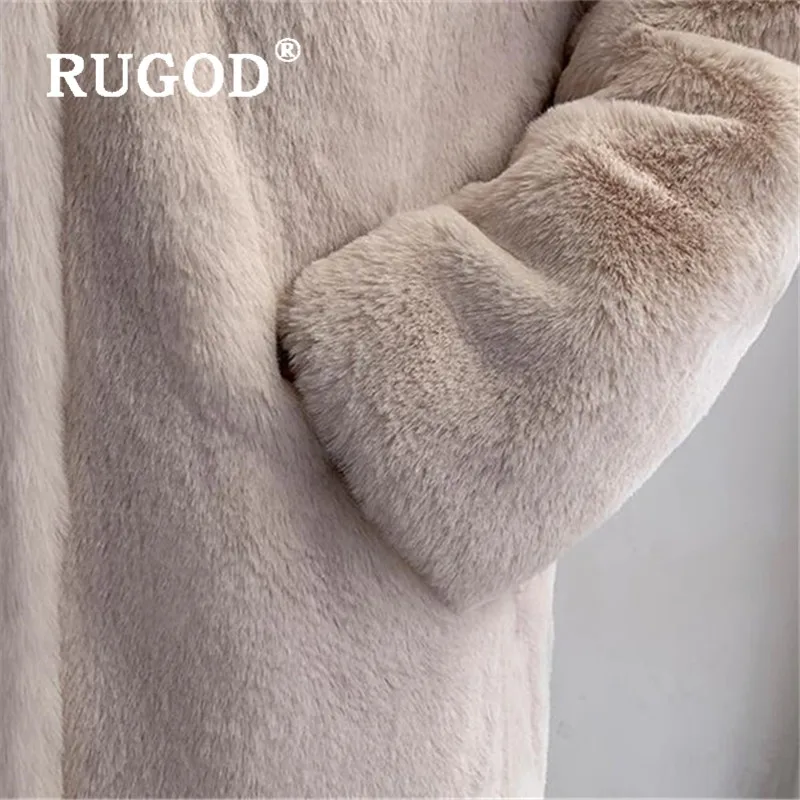 RUGOD, корейский стиль, женские куртки с капюшоном, воротник, длинная, кроличий мех, пальто для женщин,, женские куртки