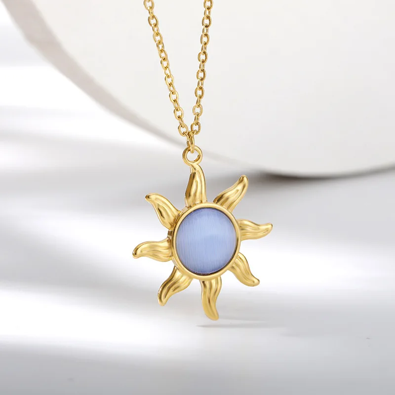 Collier avec pendentif opale en acier inoxydable pour femmes, Vintage, soleil, accessoires en pierre de lune, Bijoux cadeau pour meilleure amie, 2022