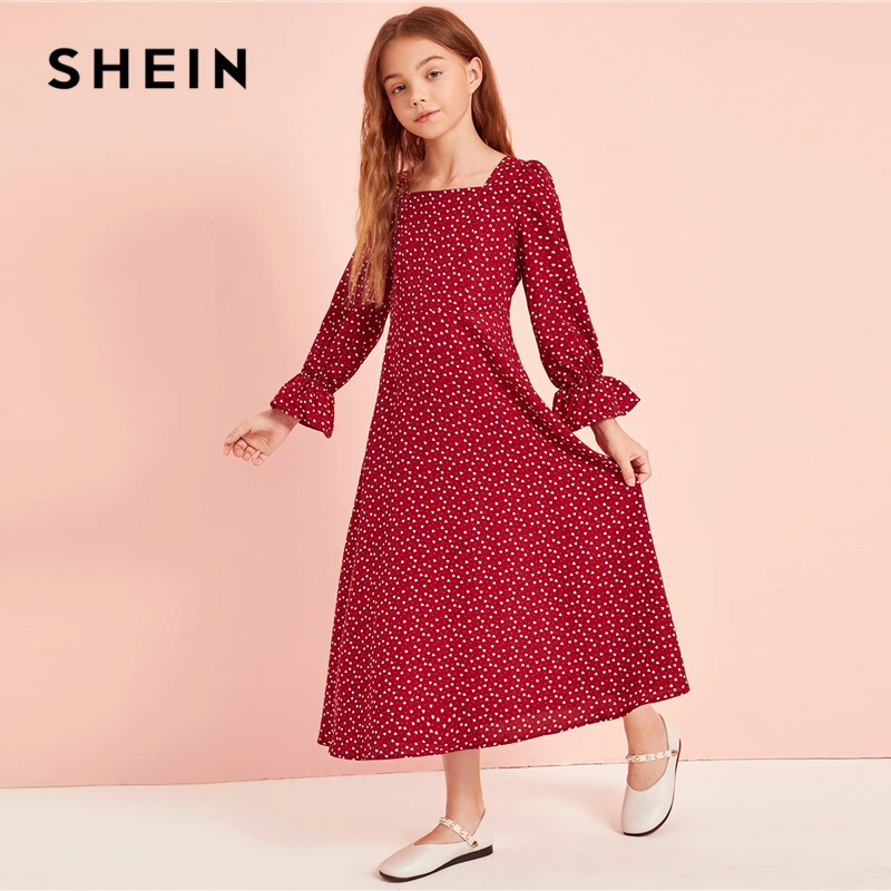 SHEIN Kiddie/бургундское длинное милое платье с квадратным вырезом и принтом в виде сердца г. Осеннее расклешенное платье макси на молнии сзади, рукав-Волан