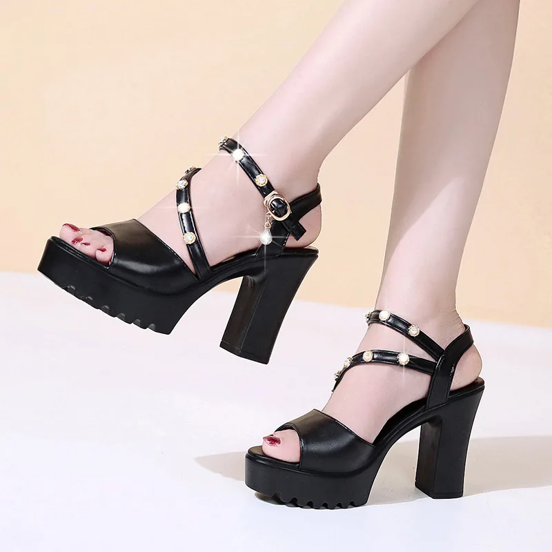

Summer High-heeled Sandals Women's Fish Mouth 2019 New Style Fashion Thick Bottomed Rivet White Shoes