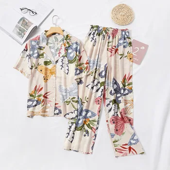 

Short-sleeved Pajamas Set for Women Short-sleeved Tops with Shorts Home Clothes Floral Print Pajamas Women Clothes 2020