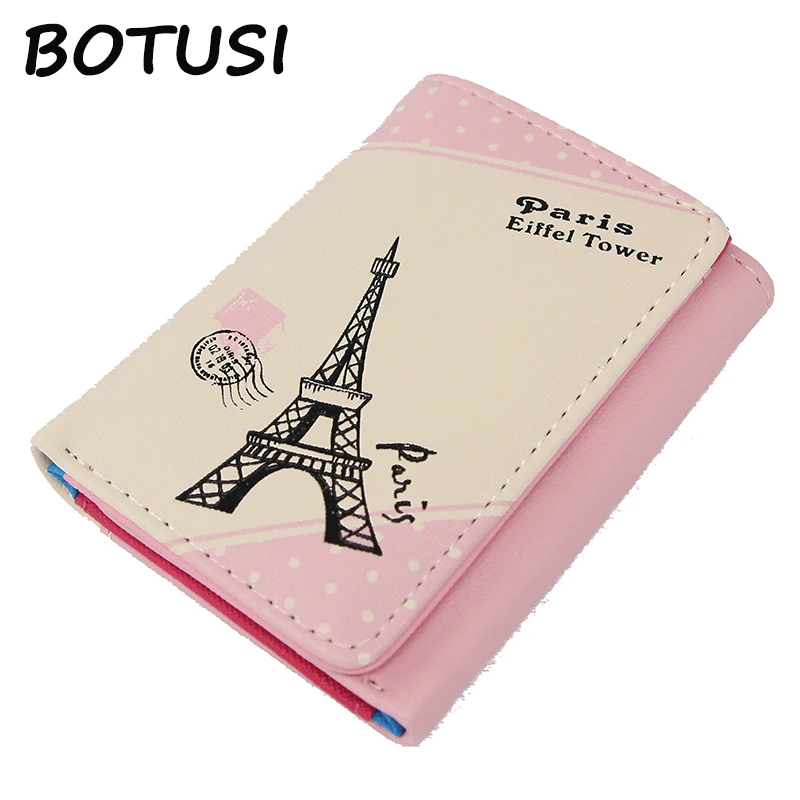 short-pink BOTUSI Париж Эйфелева башня штампы держатель для карт кожаный кошелек женский длинный кошелек из искусственной кожи Обложка для паспорта модная сумка для монет на молнии - Цвет: short-pink