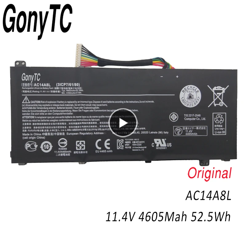 GONYTC AC14A8L Original Laptop Battery For Acer for Aspire VN7-571 VN7-571G VN7-591 VN7-591G VN7-791G KT.0030G.001 11.4V 4605mAh |