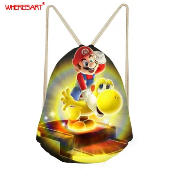 

WHEREISART Women Drawstring Bags Super Mario Brother Anime Printed Small Backpack for Teen Kids Women Pouch Travel Shoulder Bags