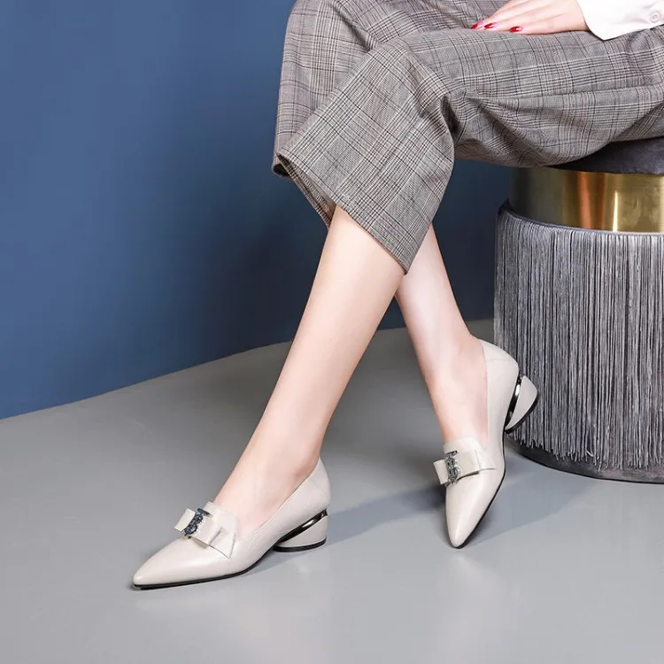 

Spring And Autumn New Style Genuine Leather Fashion Women's Pointed Toe Front Lettered Decoration Full-grain Leather Chunky Semi