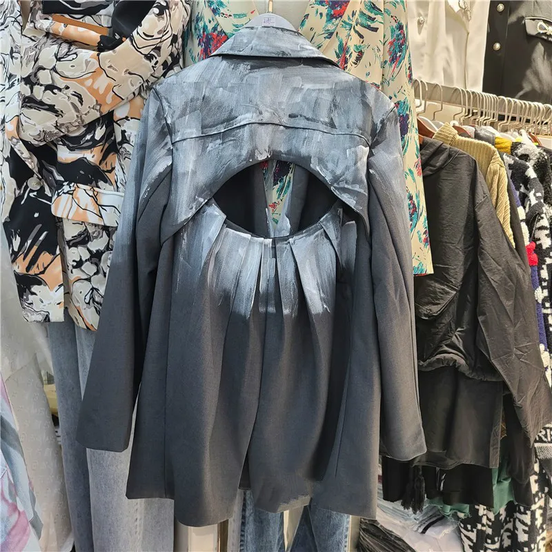 

Backless Blazer Coat Women 2020 Spring and Autumn New Loose Handmade Splash-Ink Suit Jacket Female Top Harajuku Coats
