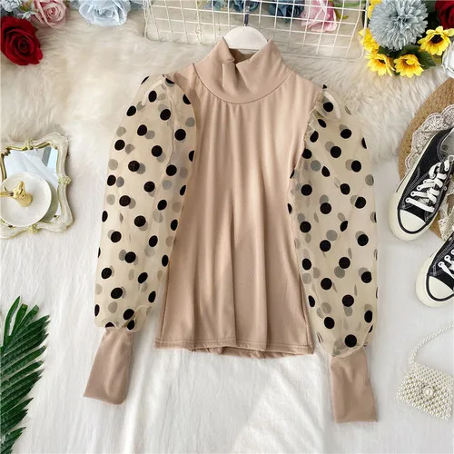 khaki Neploe, женские осенние зимние топы, в горошек, марля, рукав-фонарик, пэчворк, пуловер, корейский Ретро стиль, водолазка, тонкие Джемперы 55940 - Цвет: khaki