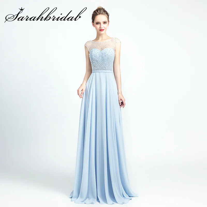 Elegant Bridesmaid Dresses A Line Sheer Straps Backless Wedding Guest Gown Floor Length Pearls Robe Demoiselle D'Honneur 5160