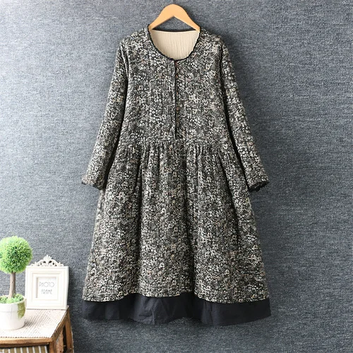 Autumn O-Neck Floral Print Thickened Female Dress Double Hem Long Sleeve Dress for Women Vestido Retro Mori Girl Dress Robe - Цвет: black