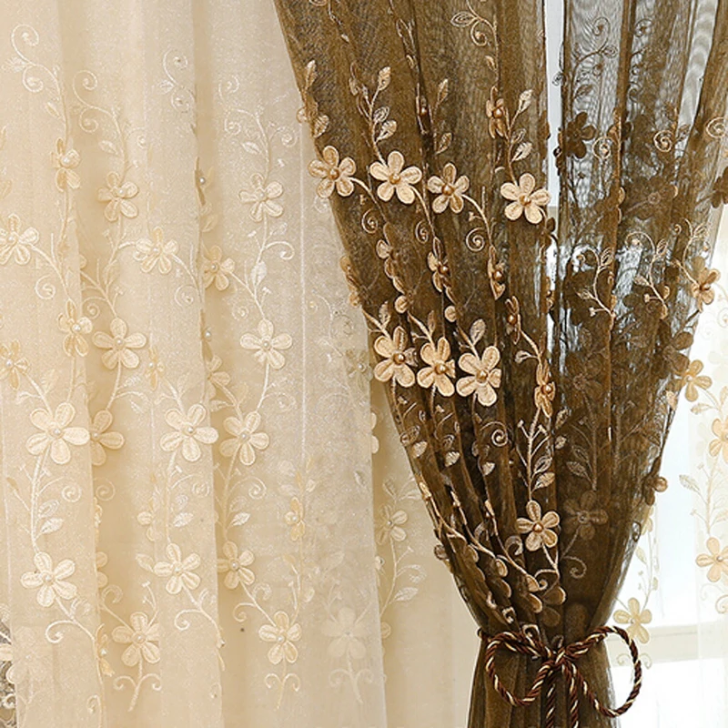 Goedkoop Koffie Luxe Nagel Parel Geborduurde Gordijnen Voor Woonkamer Tulle Europese Reliëf Bloemen Beige Gordijn Stof Wp362 #5