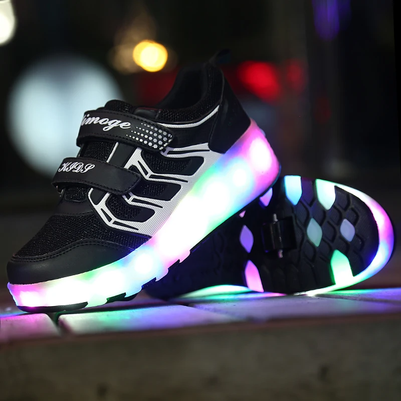 Светодиодный светящийся в темноте скейт обувь двойной роликовый шкив Роликовые кроссовки светящиеся кроссовки для детей и взрослых Зарядка от USB