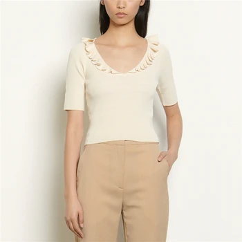 

Runway V-Neck Slim Fit Crop Top Summer Knitted T-Shirt Tops Women Solid Short Sleeve Female Tees Short Streetwear Ladies Tops