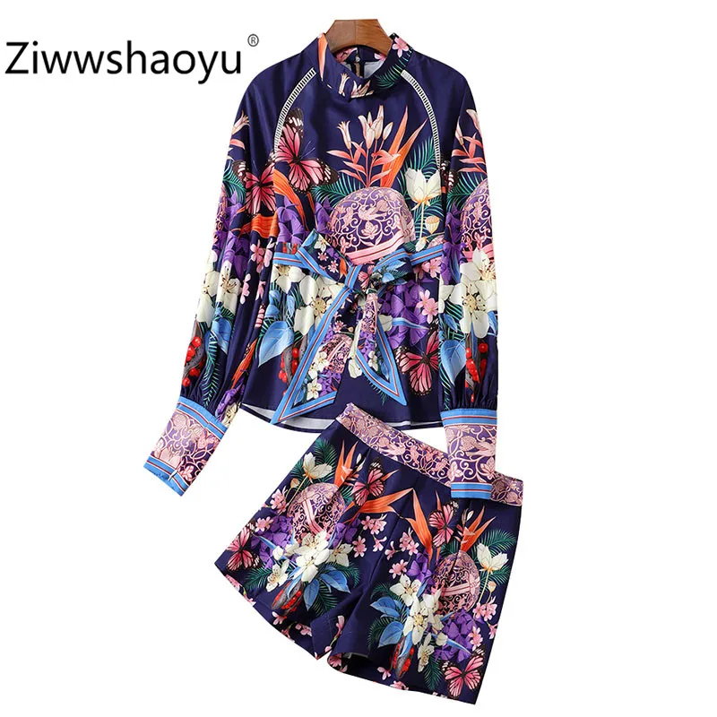 Ziwwshaoyu/осенний Модный комплект из двух предметов, женская блузка с рукавами-фонариками+ шорты, винтажные костюмы с цветочным принтом