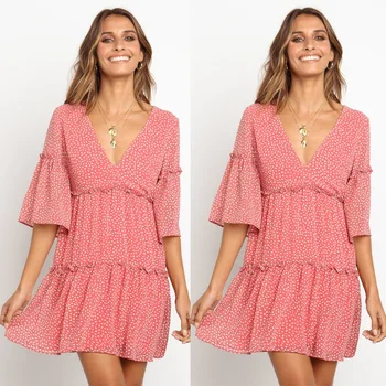 

2019 New Style Europe And America Summer V-neck Small Dotted Printed Half-sleeve Shirt Dress Women's