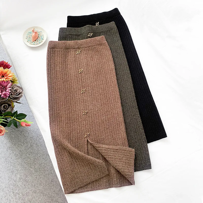 Элегантные миди юбки-карандаш с высокой талией, с разрезом и пуговицами, тонкие однотонные трикотажные юбки, женские зимние толстые теплые модные юбки для женщин